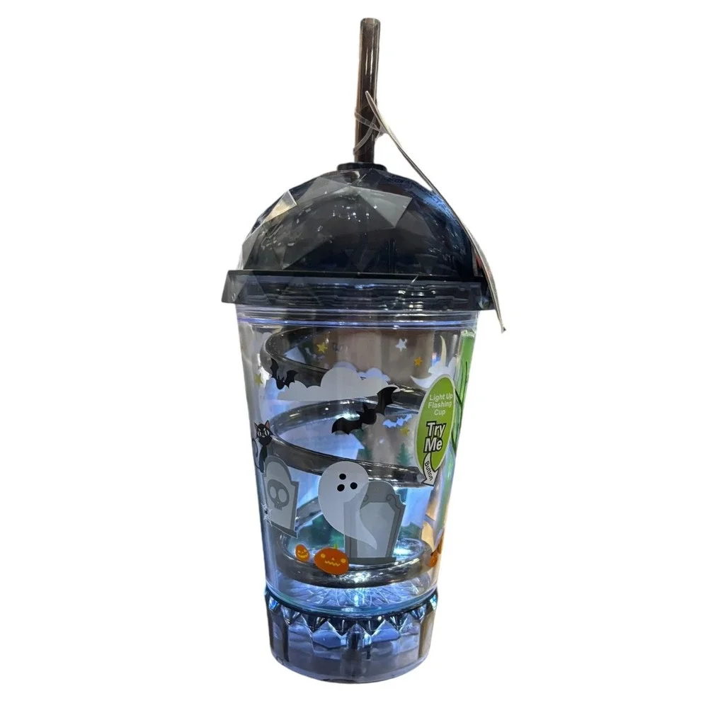 Halloween‎ Light Up Flashing Black & White Dome Tumbler Cup with Straw NEW